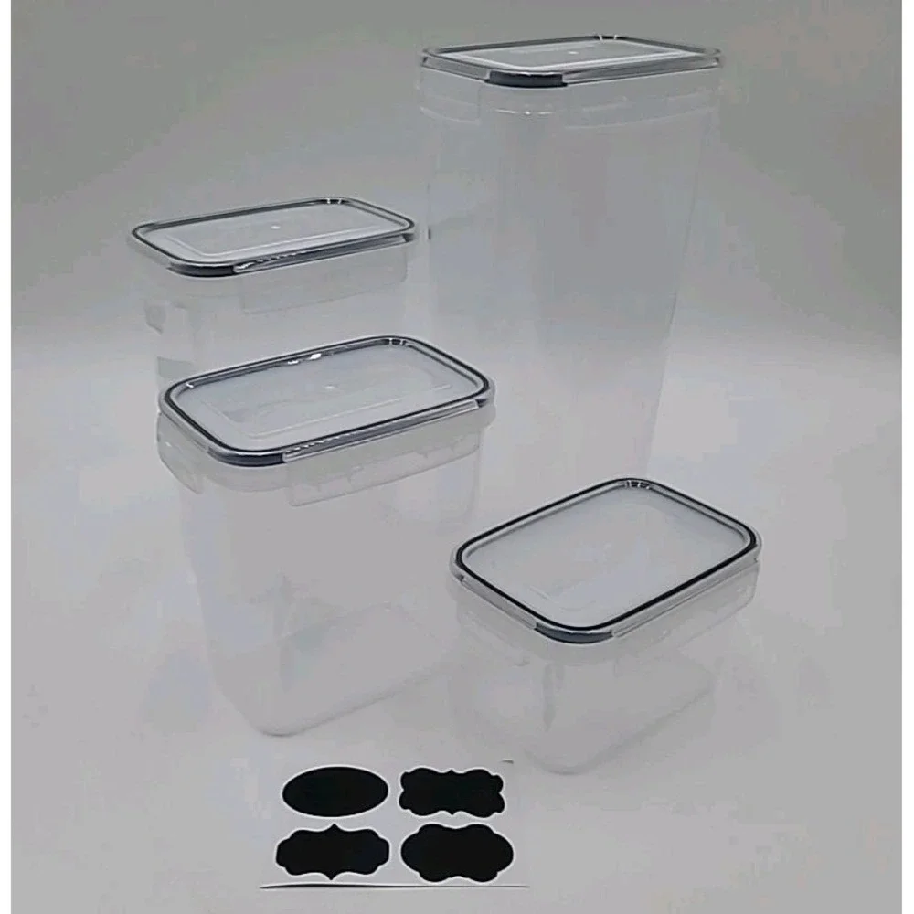 4 Air Tight Clear Plastic Food Storage Containers & Labels .7-2.5qt